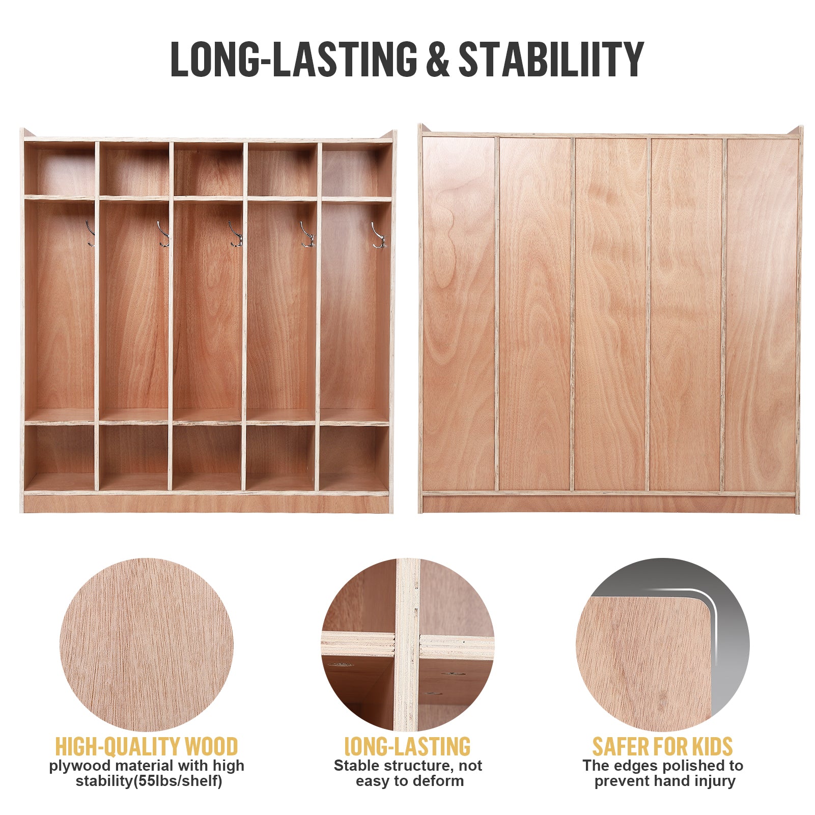 Garvee Classroom Coat Locker with Glazed Finish, 5-Section, 10 Cubbies for Classrooms, Daycare Cubby with 4 Casters, 5 Hooks and 2 Storage Boxes, for Home, School, Kindergarten