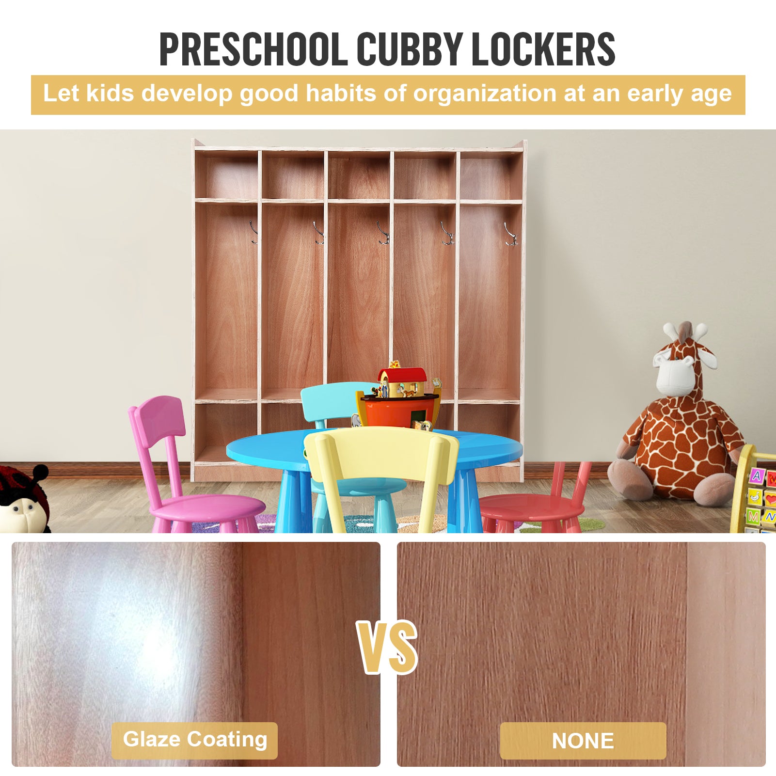 Garvee Classroom Coat Locker with Glazed Finish, 5-Section, 10 Cubbies for Classrooms, Daycare Cubby with 4 Casters, 5 Hooks and 2 Storage Boxes, for Home, School, Kindergarten