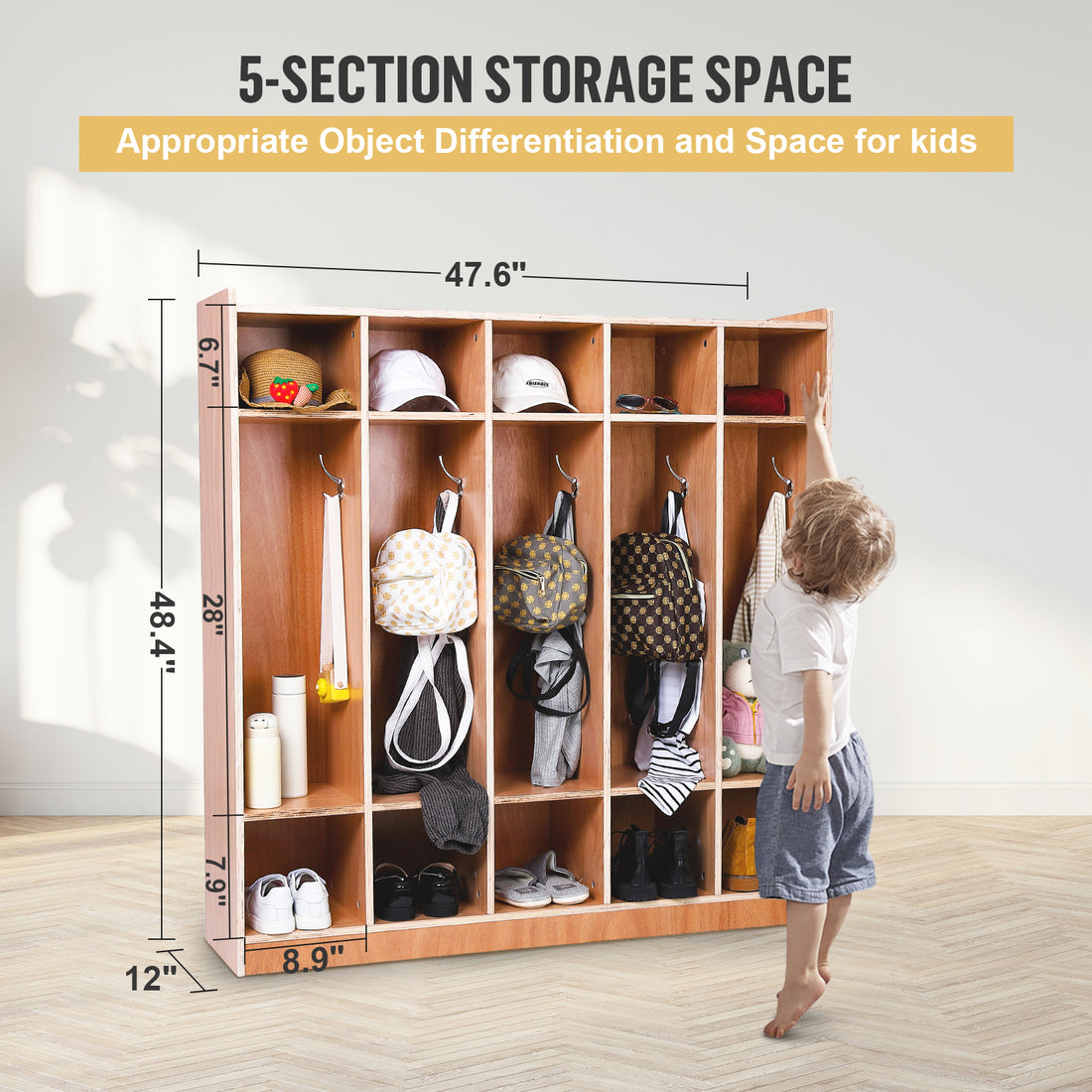Garvee Classroom Coat Locker with Glazed Finish, 5-Section, 10 Cubbies for Classrooms, Daycare Cubby with 4 Casters, 5 Hooks and 2 Storage Boxes, for Home, School, Kindergarten