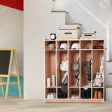 Garvee Classroom Coat Locker with Glazed Finish, 5-Section, 10 Cubbies for Classrooms, Daycare Cubby with 4 Casters, 5 Hooks and 2 Storage Boxes, for Home, School, Kindergarten - Wood Color
