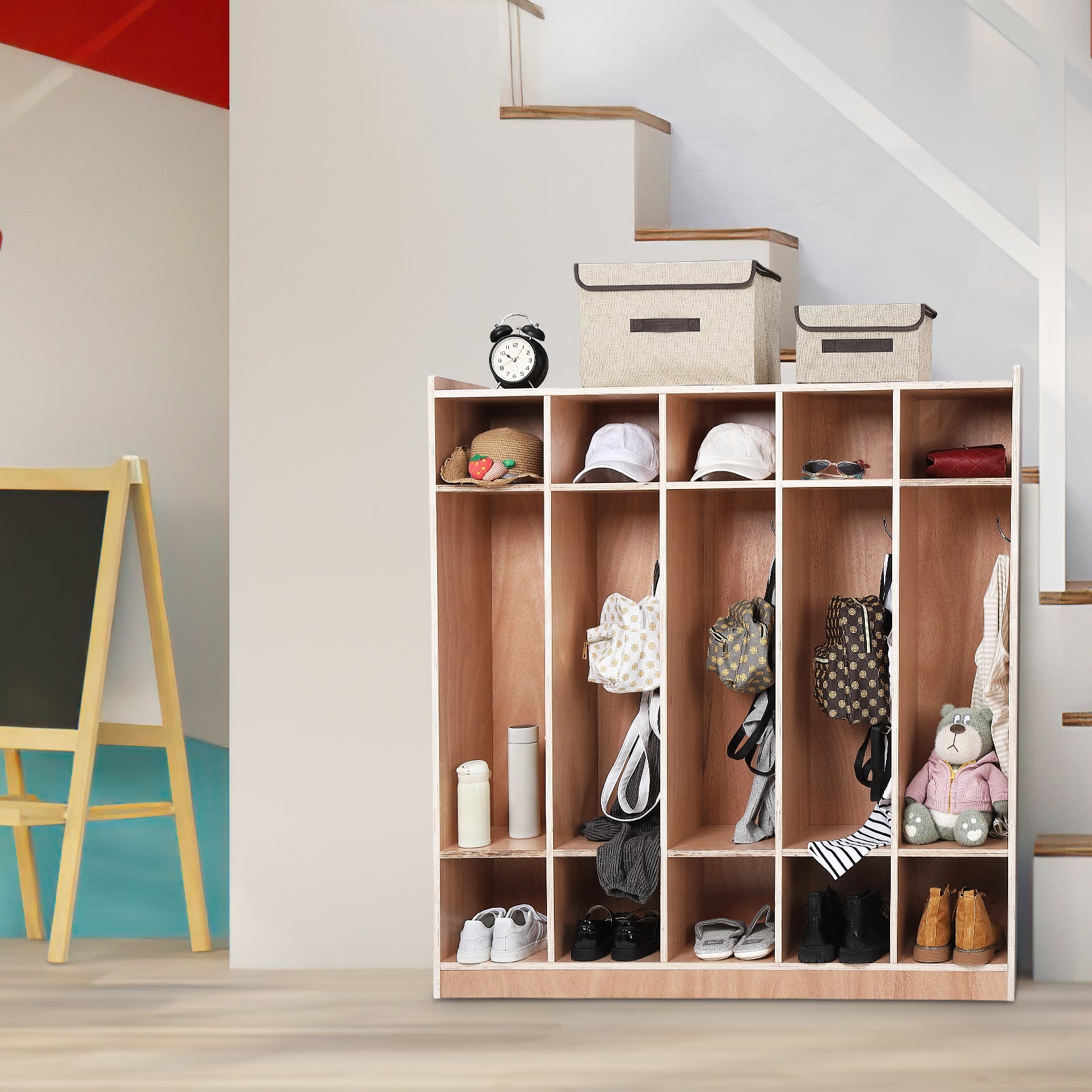 Garvee Classroom Coat Locker with Glazed Finish, 5-Section, 10 Cubbies for Classrooms, Daycare Cubby with 4 Casters, 5 Hooks and 2 Storage Boxes, for Home, School, Kindergarten