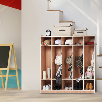 Garvee Classroom Coat Locker with Glazed Finish, 5-Section, 10 Cubbies for Classrooms, Daycare Cubby with 4 Casters, 5 Hooks and 2 Storage Boxes, for Home, School, Kindergarten