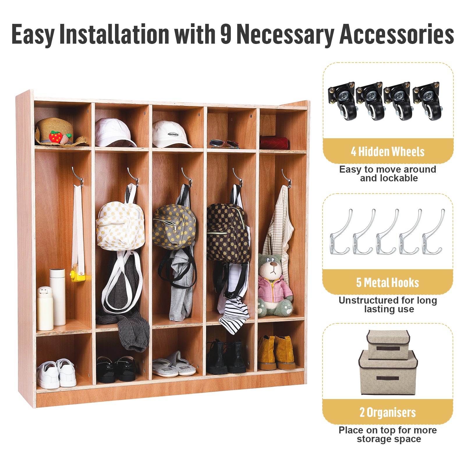 Garvee Classroom Coat Locker with Glazed Finish, 5-Section, 10 Cubbies for Classrooms, Daycare Cubby with 4 Casters, 5 Hooks and 2 Storage Boxes, for Home, School, Kindergarten