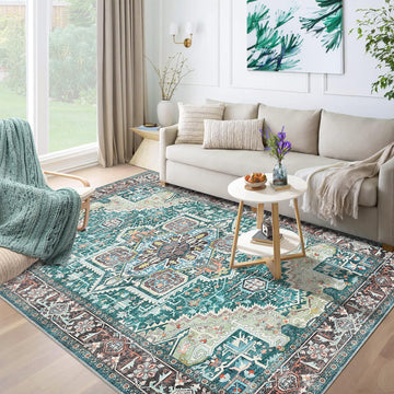 Garvee Machine Washable Rug 9x12 Vintage Design Area Rugs with Non Slip Rugs for Living Room Bedroom Floral Print Rug Carpet Stain Resistant, Green