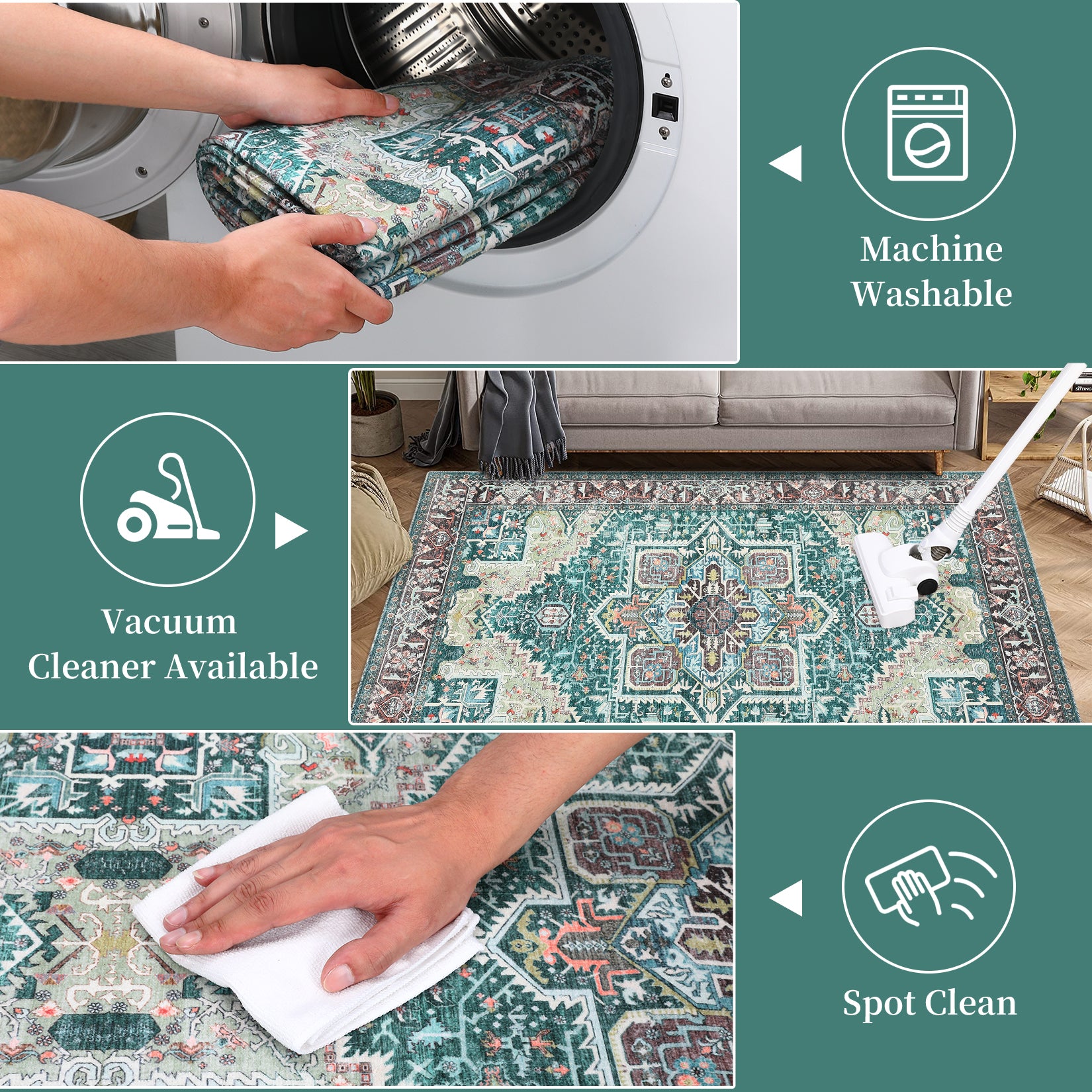 Garvee Machine Washable Rug 9x12 Vintage Design Area Rugs with Non Slip Rugs for Living Room Bedroom Floral Print Rug Carpet Stain Resistant, Green