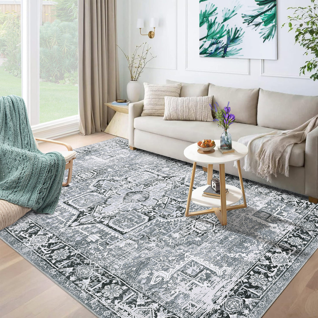 Garvee Machine Washable Rug 9x12 Vintage Design Area Rugs with Non Slip Rugs for Living Room Bedroom Floral Print Rug Carpet Stain Resistant, Grey