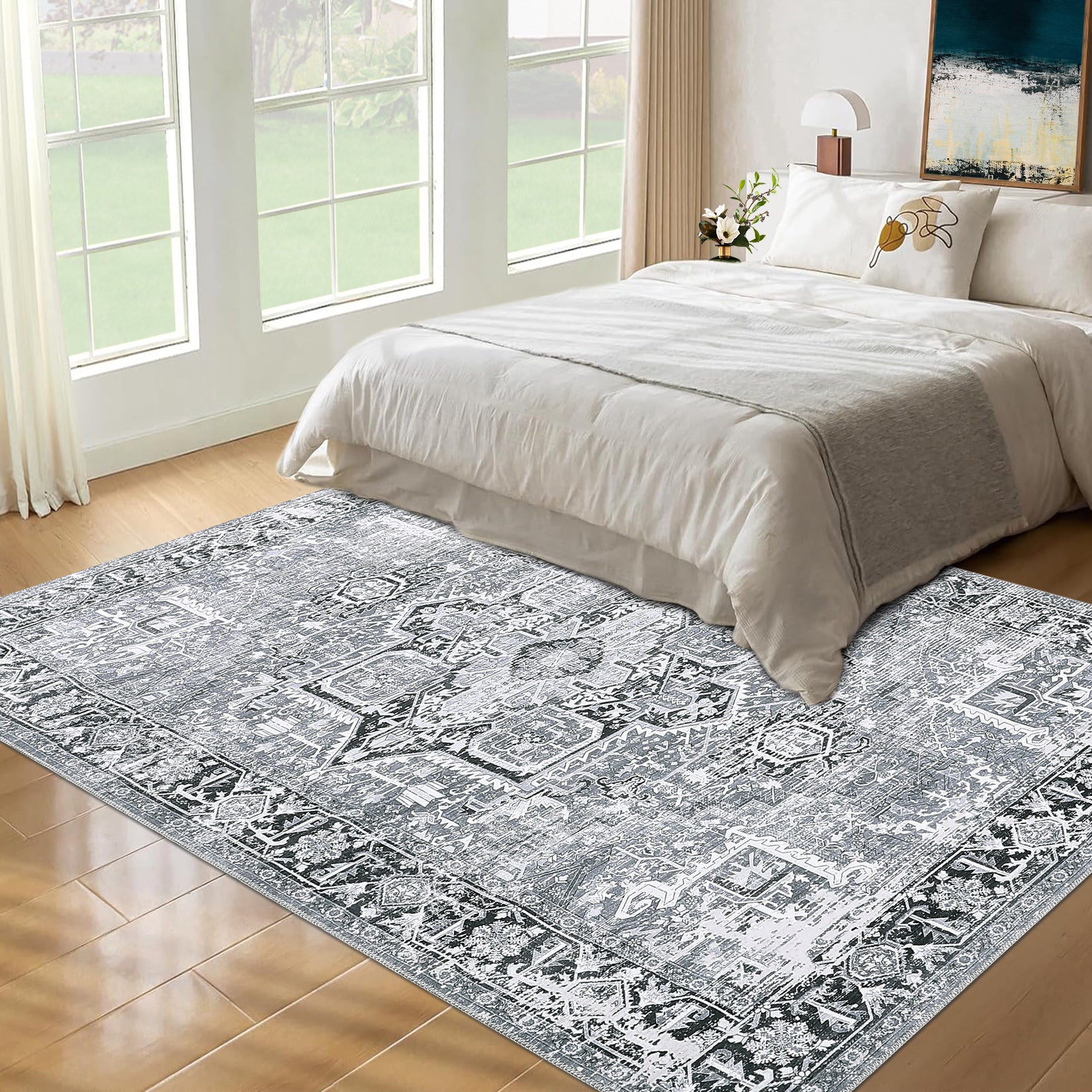 Garvee Machine Washable Rug 9x12 Vintage Design Area Rugs with Non Slip Rugs for Living Room Bedroom Floral Print Rug Carpet Stain Resistant, Grey