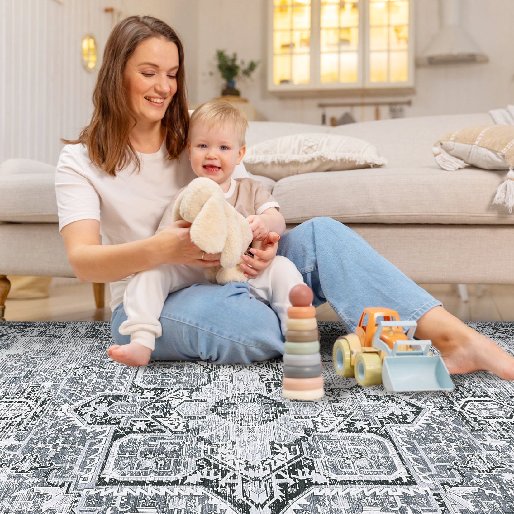 Garvee Machine Washable Rug 9x12 Vintage Design Area Rugs with Non Slip Rugs for Living Room Bedroom Floral Print Rug Carpet Stain Resistant, Grey