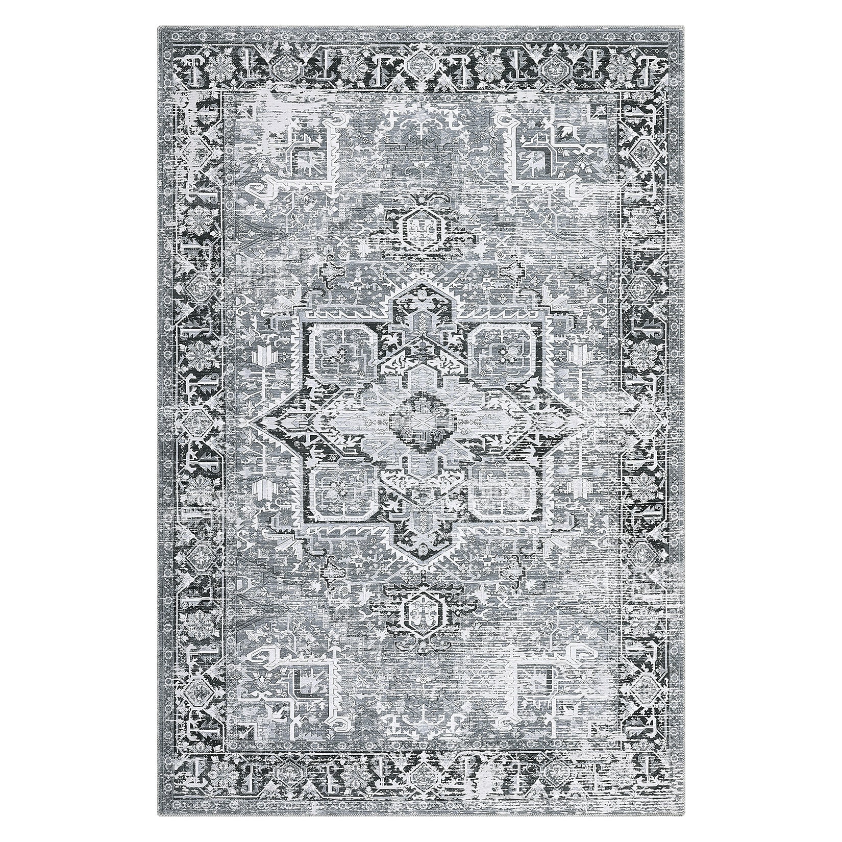 Garvee Machine Washable Rug 9x12 Vintage Design Area Rugs with Non Slip Rugs for Living Room Bedroom Floral Print Rug Carpet Stain Resistant, Grey