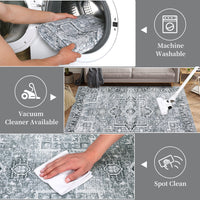 Garvee Machine Washable Rug 9x12 Vintage Design Area Rugs with Non Slip Rugs for Living Room Bedroom Floral Print Rug Carpet Stain Resistant, Grey
