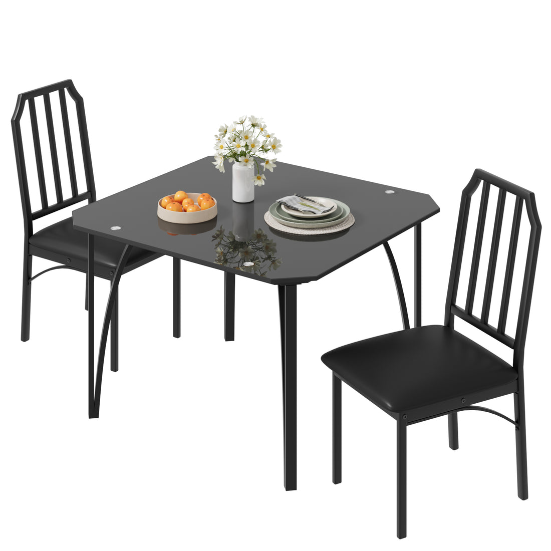 Garvee Dining Table Set for 2, Kitchen Table Chairs Set of 2 with Ultra Comfortable PU Cushion, Dining Room Table Set for 2 Furniture with Kitchen Chairs Suitable for Small Space, Black Glass