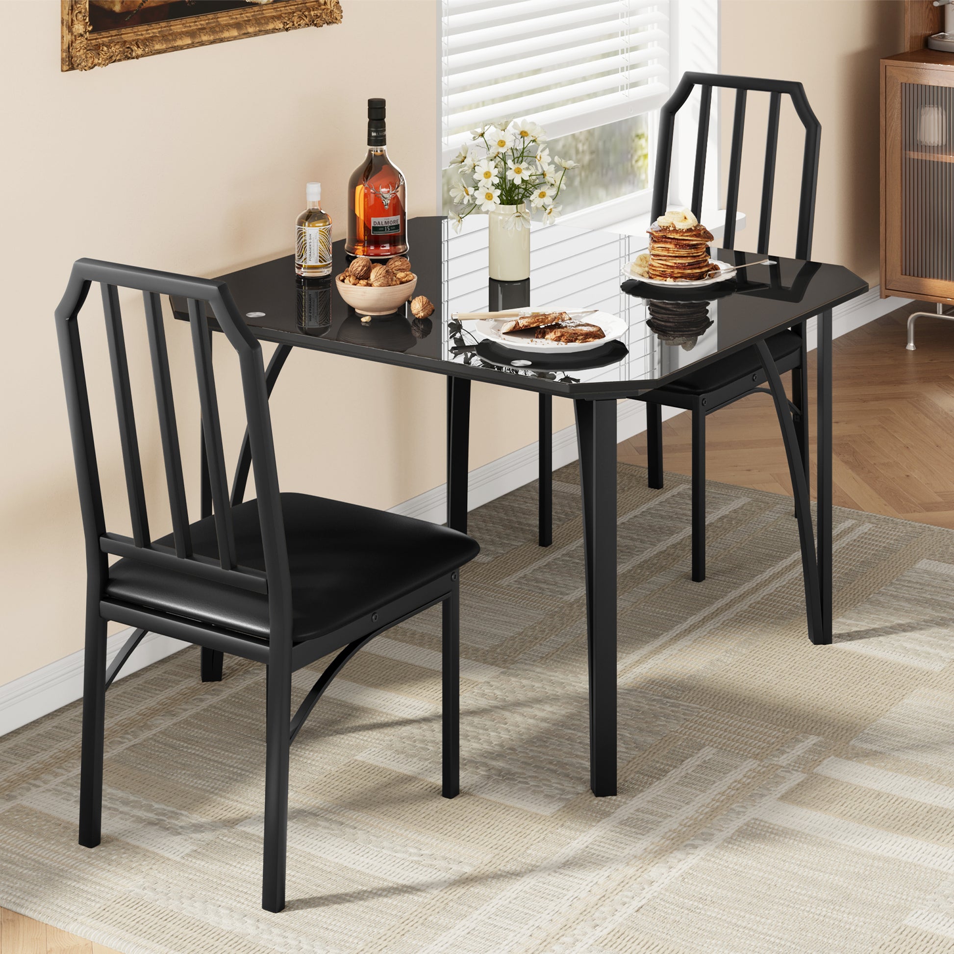 Garvee Dining Table Set for 2, Kitchen Table Chairs Set of 2 with Ultra Comfortable PU Cushion, Dining Room Table Set for 2 Furniture with Kitchen Chairs Suitable for Small Space, Black Glass