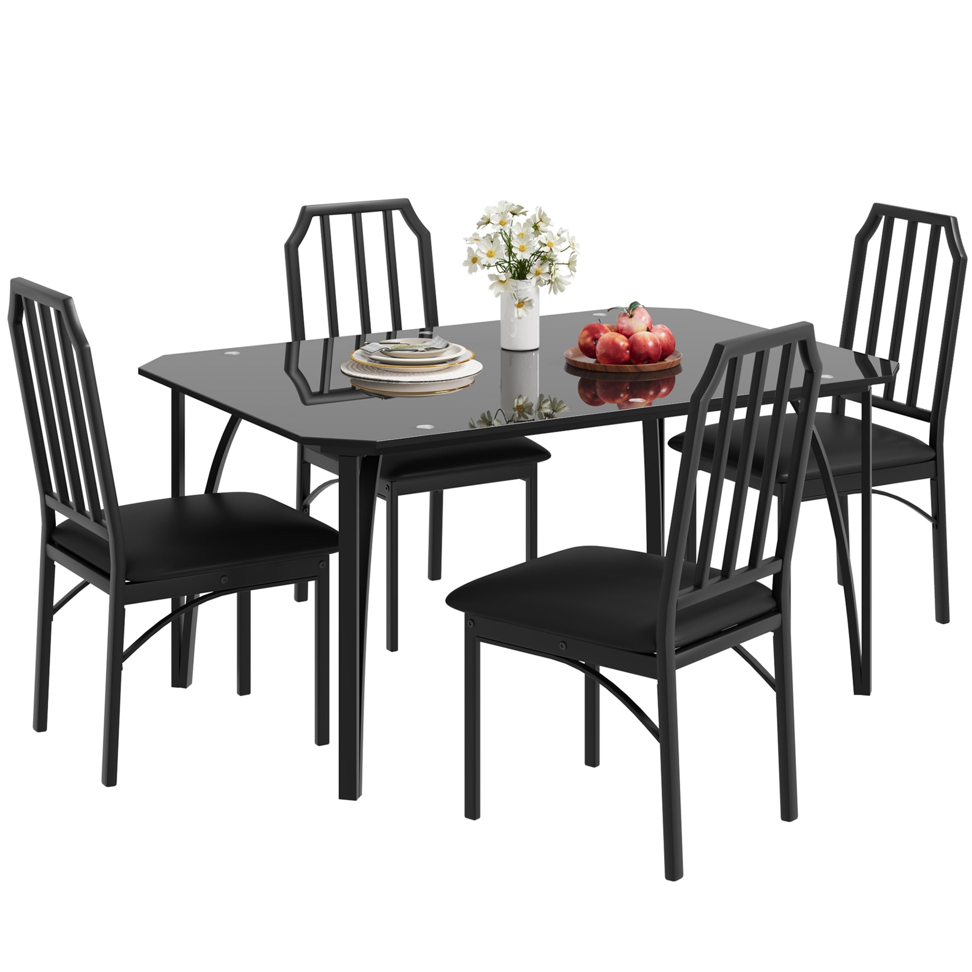 Garvee Glass Dining Table Set for 4, Kitchen Table and Chairs for 4 with with Chamfer Design, 5 Piece Dining Room Table Set with Cushion Seats for Small Space, Home Kitchen, Apartment-Glass