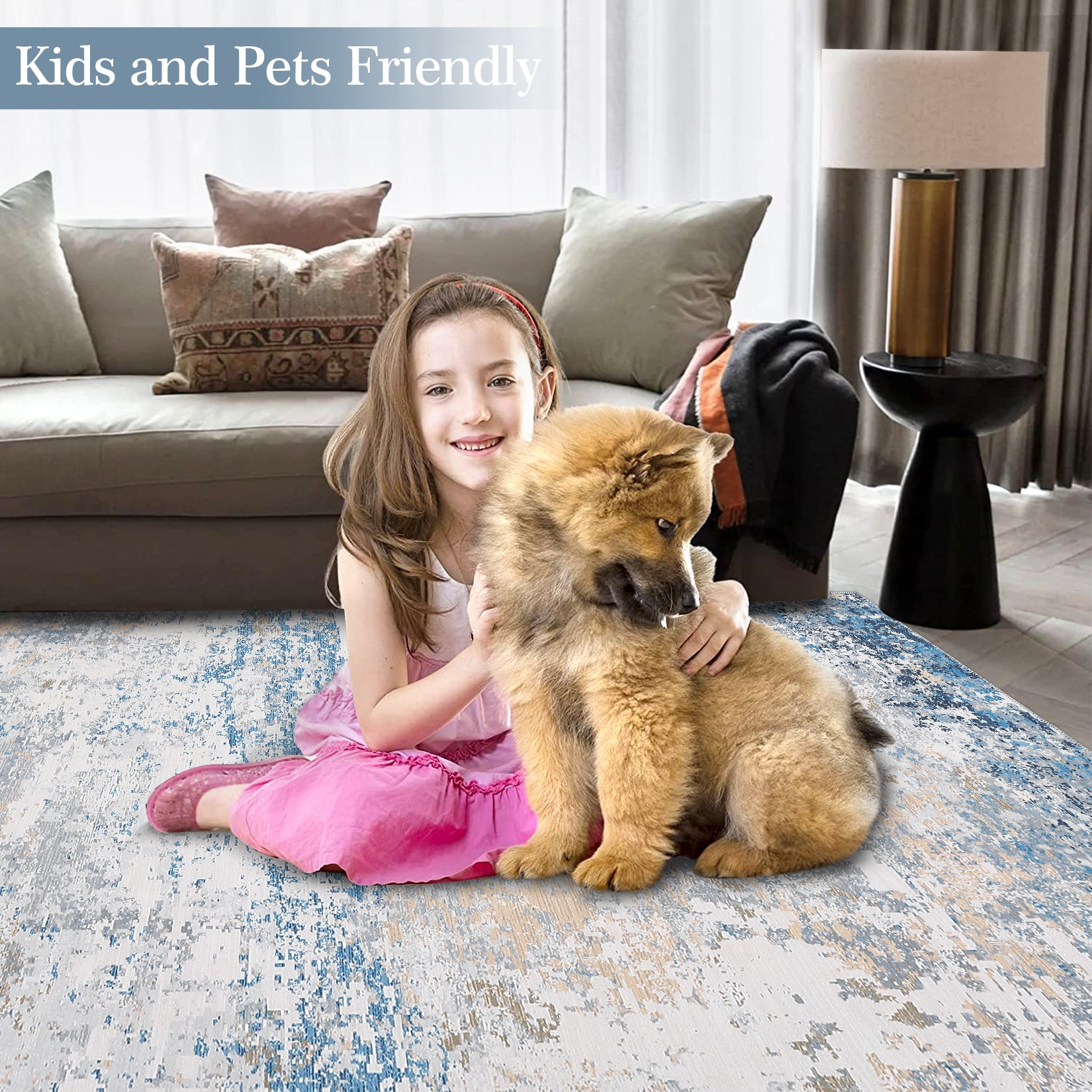 Garvee Living Room Area Rugs Grey Blue 8x10 Abstract Machine Washable Rugs Ultra-Thin Non Slip Bedroom Rugs Modern Printed Distressed Carpet for Dining Room Office Kitchen Playroom Floor Decor