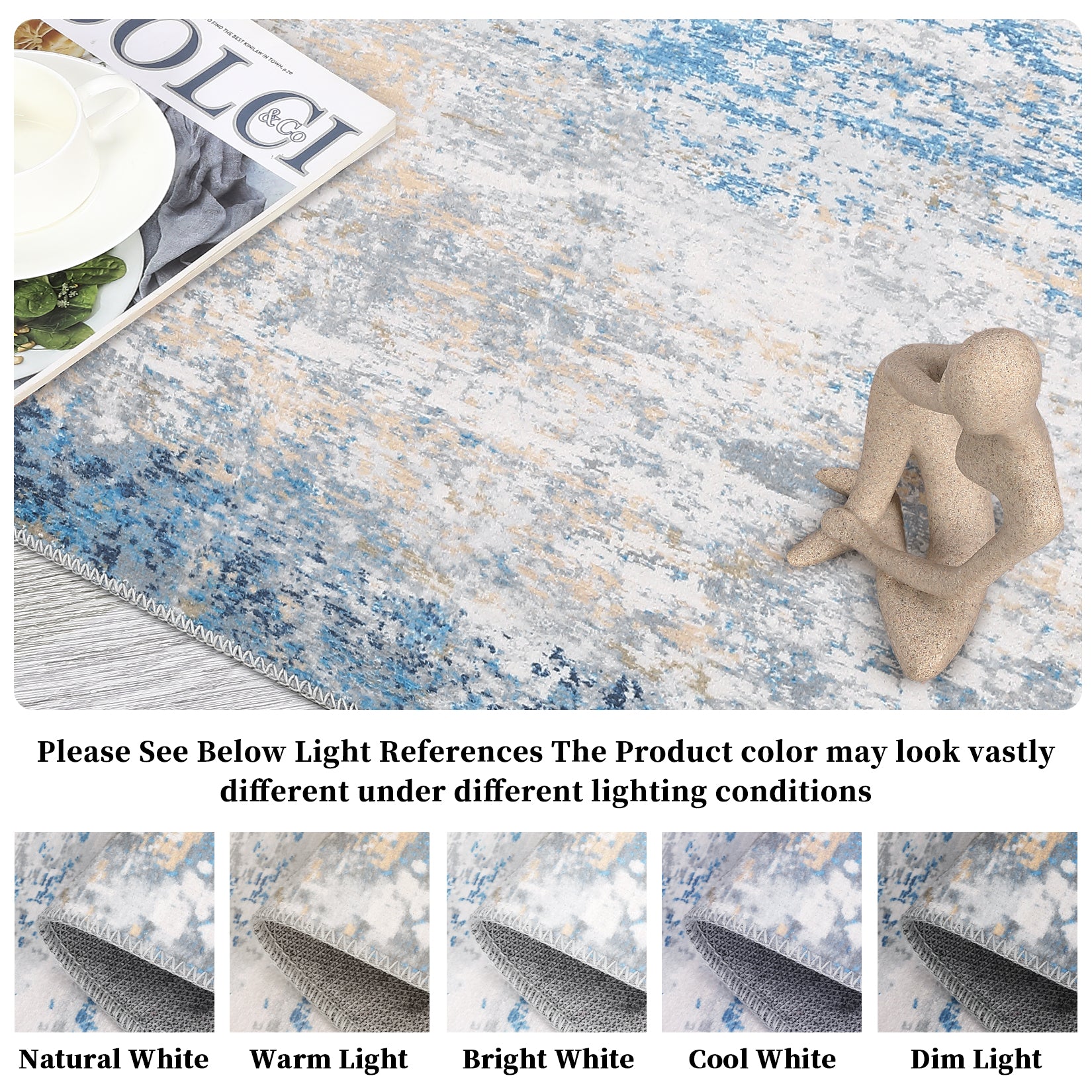 Garvee Living Room Area Rugs Grey Blue 8x10 Abstract Machine Washable Rugs Ultra-Thin Non Slip Bedroom Rugs Modern Printed Distressed Carpet for Dining Room Office Kitchen Playroom Floor Decor