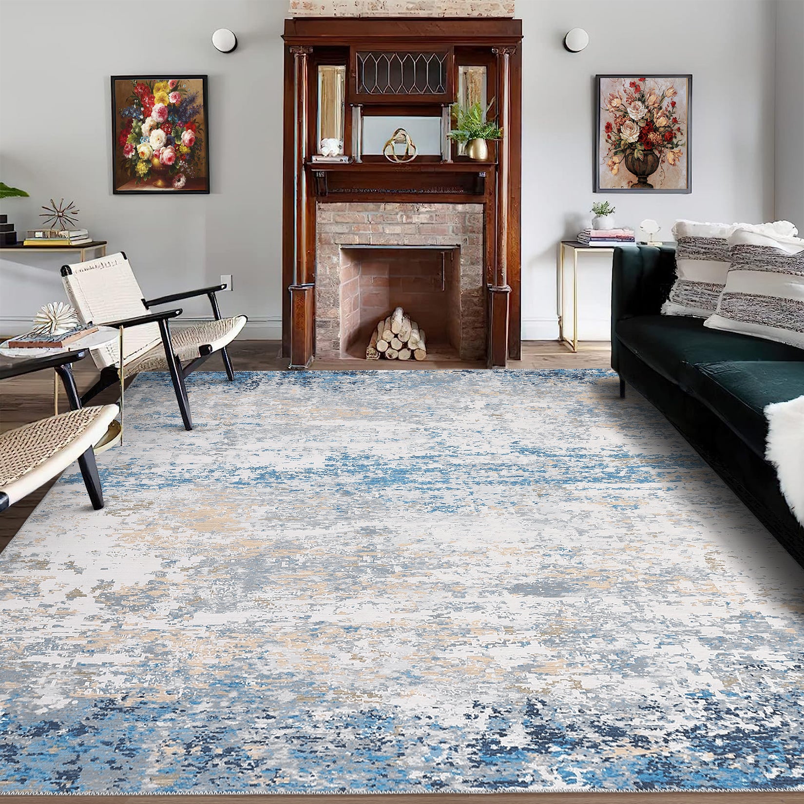 Garvee Living Room Area Rugs Grey Blue 8x10 Abstract Machine Washable Rugs Ultra-Thin Non Slip Bedroom Rugs Modern Printed Distressed Carpet for Dining Room Office Kitchen Playroom Floor Decor