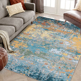 Garvee Gold Blue 9x12 Area Rug Washable Rugs for Living Room Modern Neutral Abstract Aesthetic Rug for Bedroom Dining Room Under Table Non-Shedding Large Area Rug Lightweight Foldable Accent Rug - Gold Blue
