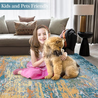 Garvee Gold Blue 9x12 Area Rug Washable Rugs for Living Room Modern Neutral Abstract Aesthetic Rug for Bedroom Dining Room Under Table Non-Shedding Large Area Rug Lightweight Foldable Accent Rug