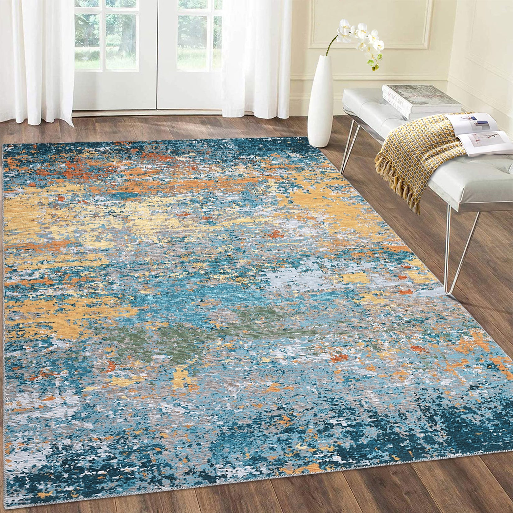 Garvee Gold Blue 9x12 Area Rug Washable Rugs for Living Room Modern Neutral Abstract Aesthetic Rug for Bedroom Dining Room Under Table Non-Shedding Large Area Rug Lightweight Foldable Accent Rug