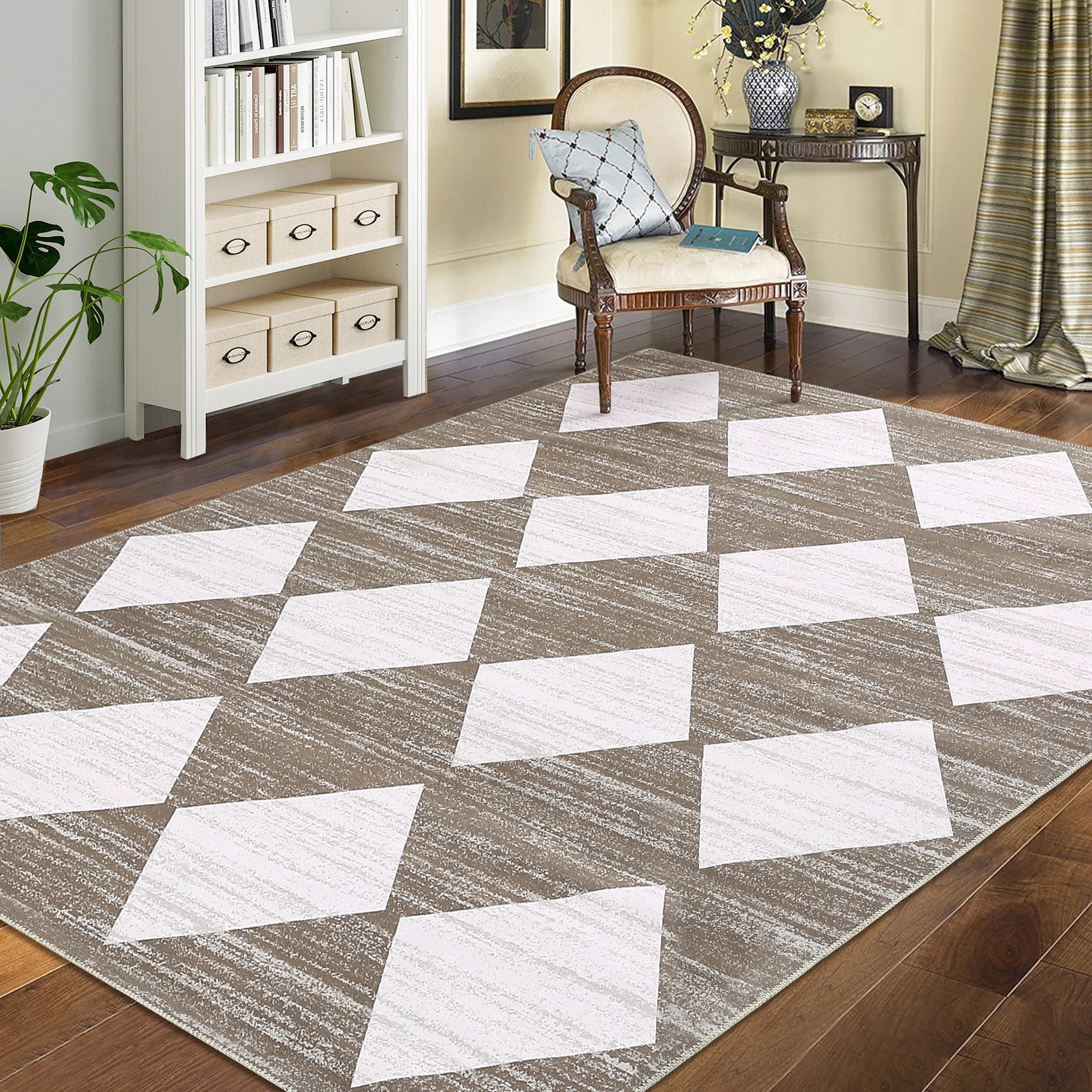 Garvee Area Rug 5x7 Washable Rugs Checkered Rug Modern Geometric Rug Bedroom Rug, Soft Neutral Accent Rugs for Living Room Entryway Dining Room,Stain Resistant Non-Slip Low-Pile Floor Carpet,Brown