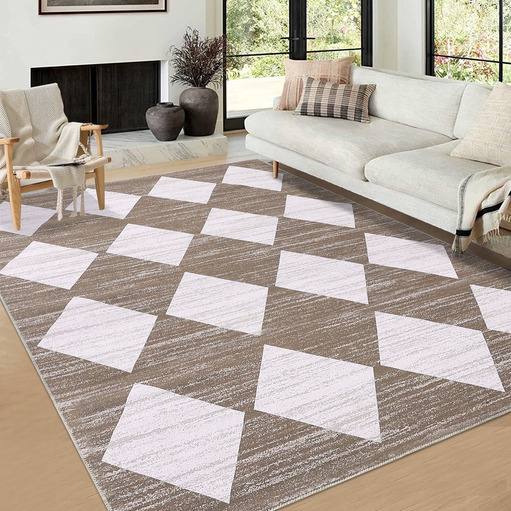 Garvee Area Rug 5x7 Washable Rugs Checkered Rug Modern Geometric Rug Bedroom Rug, Soft Neutral Accent Rugs for Living Room Entryway Dining Room,Stain Resistant Non-Slip Low-Pile Floor Carpet,Brown