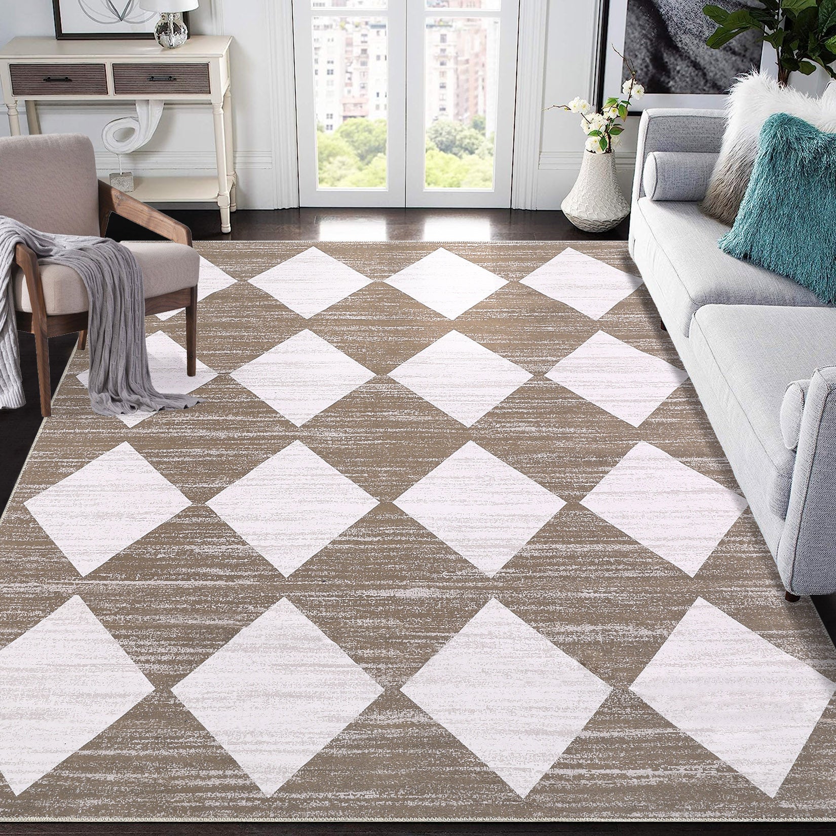 Garvee Area Rug 5x7 Washable Rugs Checkered Rug Modern Geometric Rug Bedroom Rug, Soft Neutral Accent Rugs for Living Room Entryway Dining Room,Stain Resistant Non-Slip Low-Pile Floor Carpet,Brown