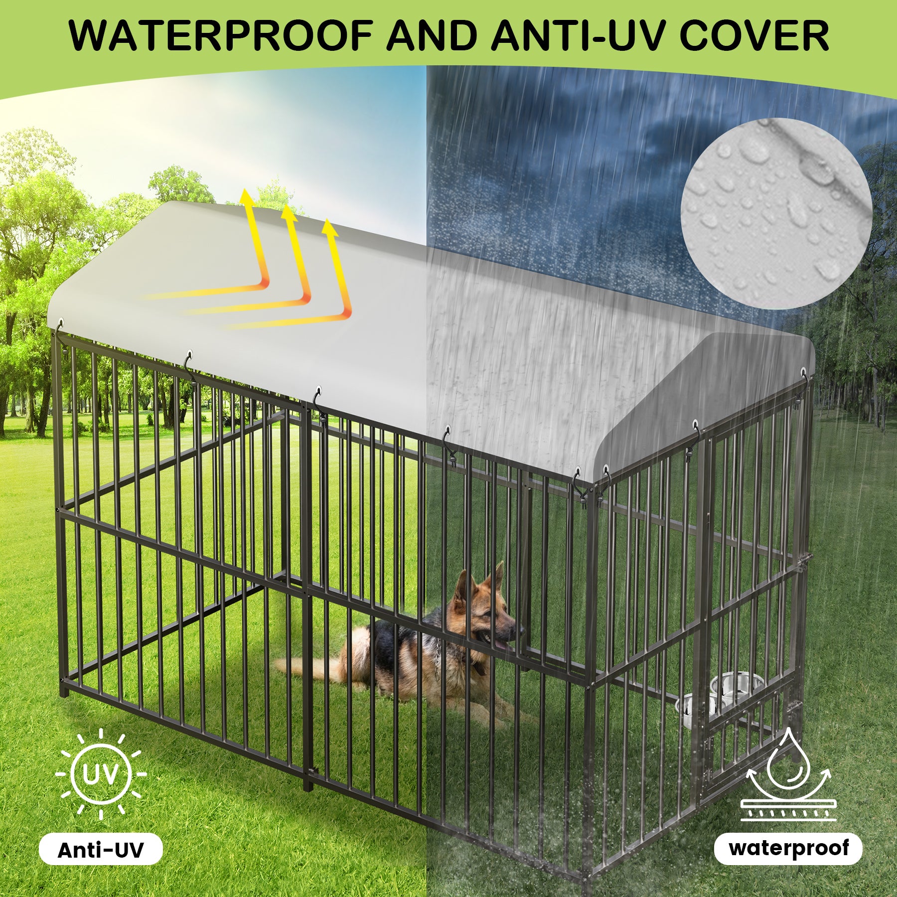 8 × 4 × 6 ft dog kennel roof shown with sun, rain, wind, and snow weather icons