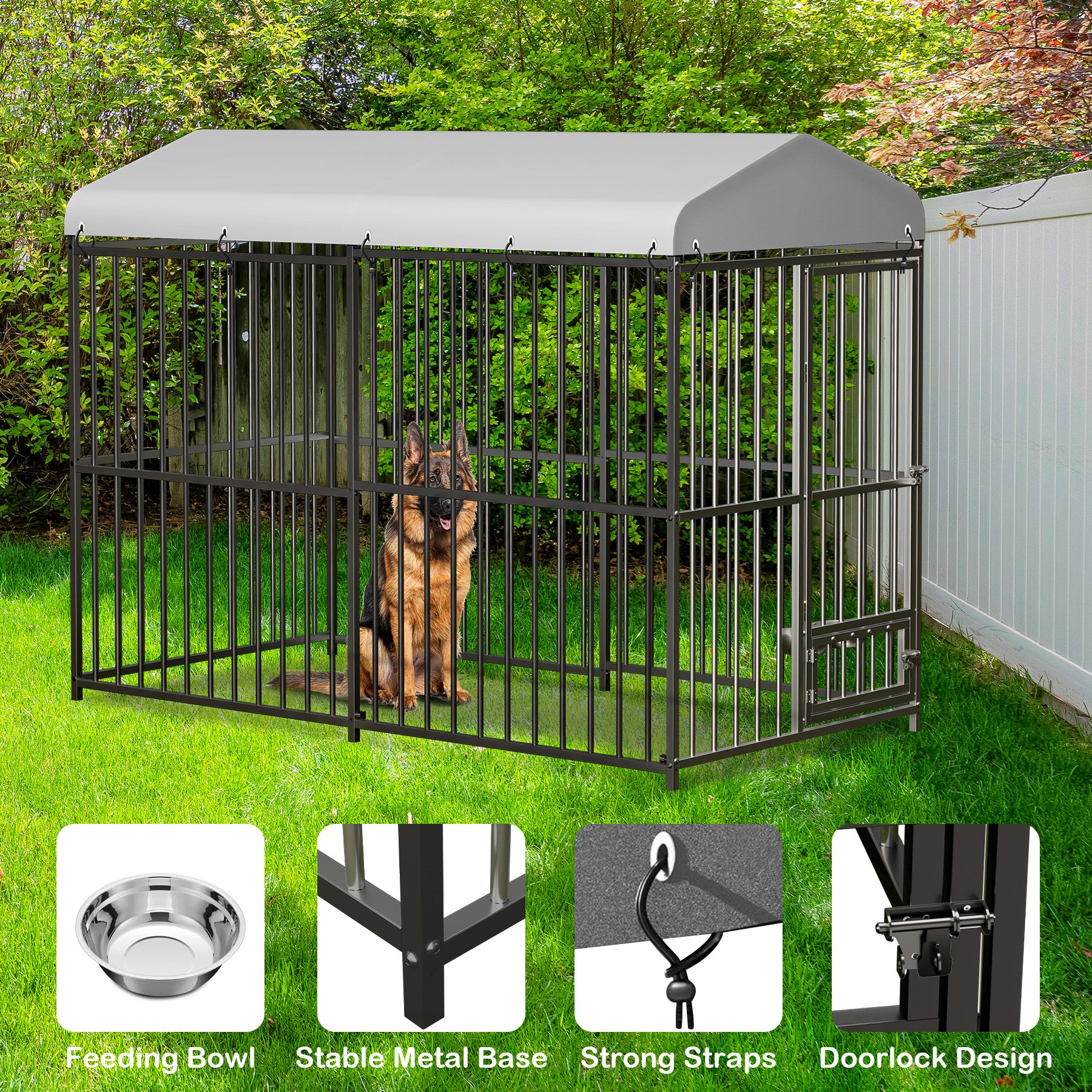 8 × 4 × 6 ft kennel detail callouts showing feeding bowl, metal base connections, roof straps, and locking door