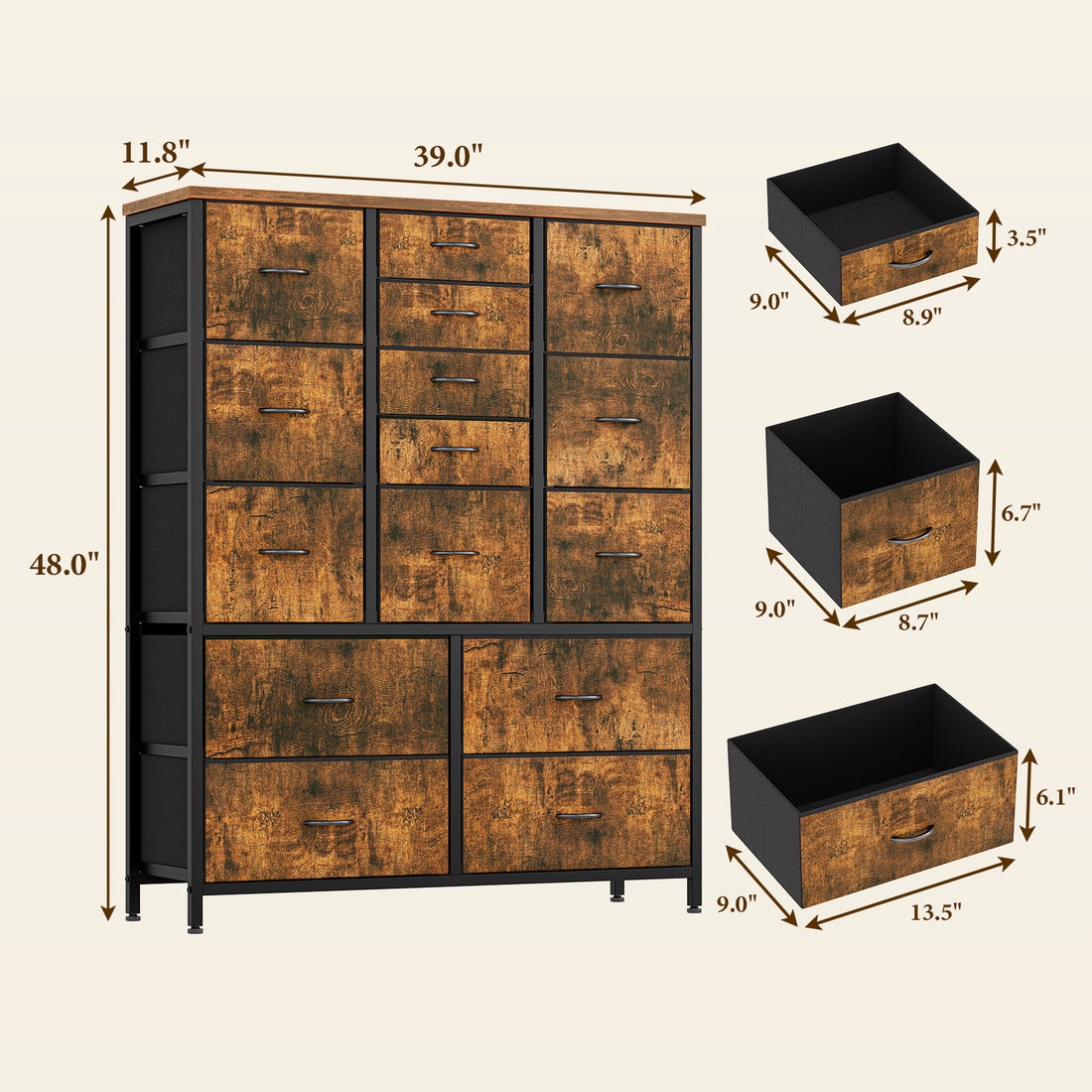 Garvee 15 Drawer Dresser for Bedroom, Tall Storage Organizer with Fabric, Metal Frame, Wood Top, Side Pockets & Hooks, Easy Assembly(Brown)