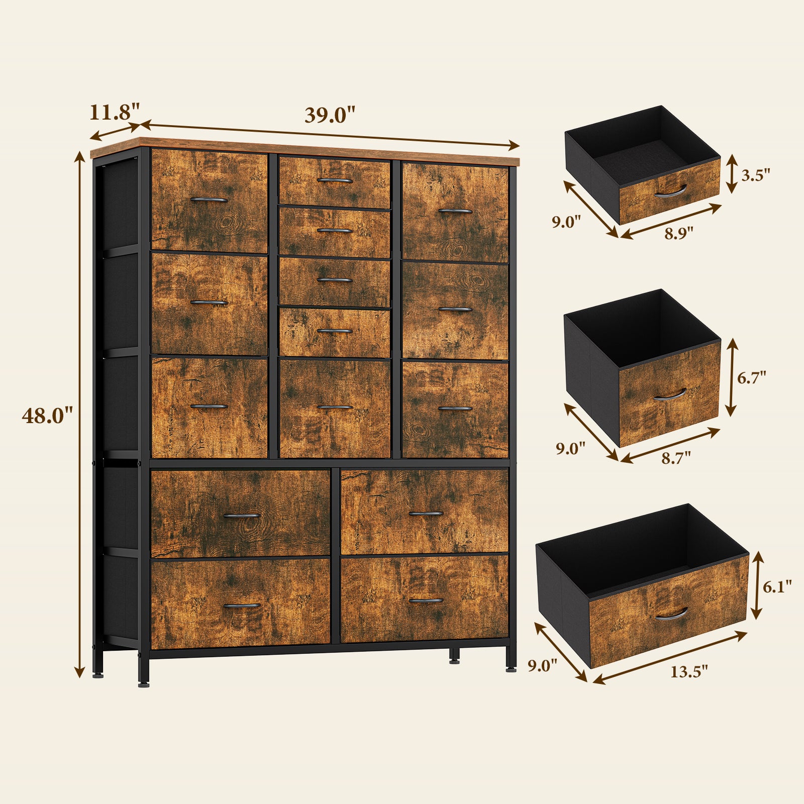 Garvee 15 Drawer Dresser for Bedroom, Tall Storage Organizer with Fabric, Metal Frame, Wood Top, Side Pockets & Hooks, Easy Assembly(Brown)