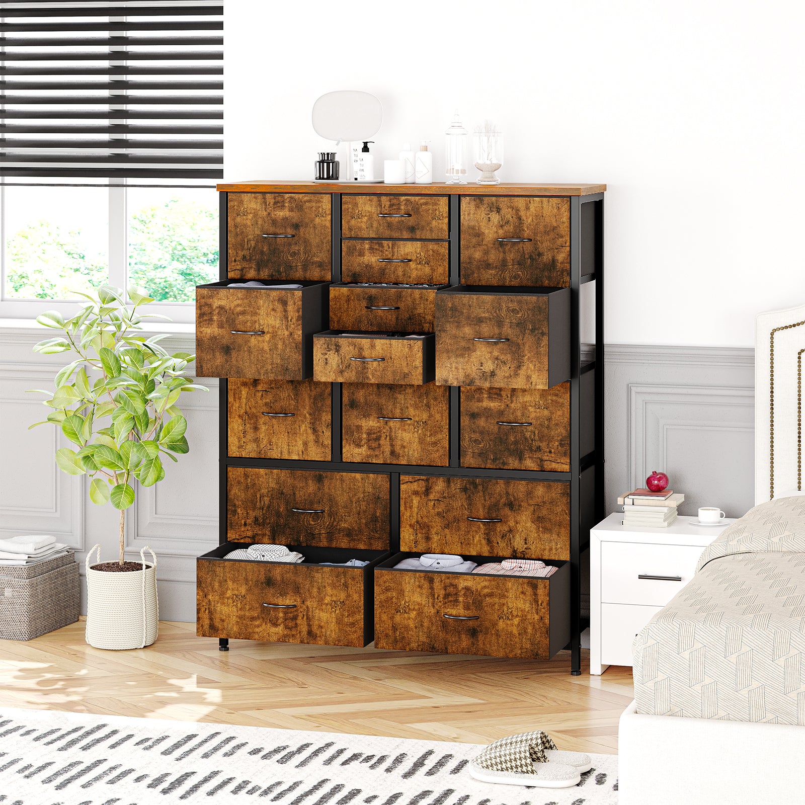 Garvee 15 Drawer Dresser for Bedroom, Tall Storage Organizer with Fabric, Metal Frame, Wood Top, Side Pockets & Hooks, Easy Assembly(Brown)