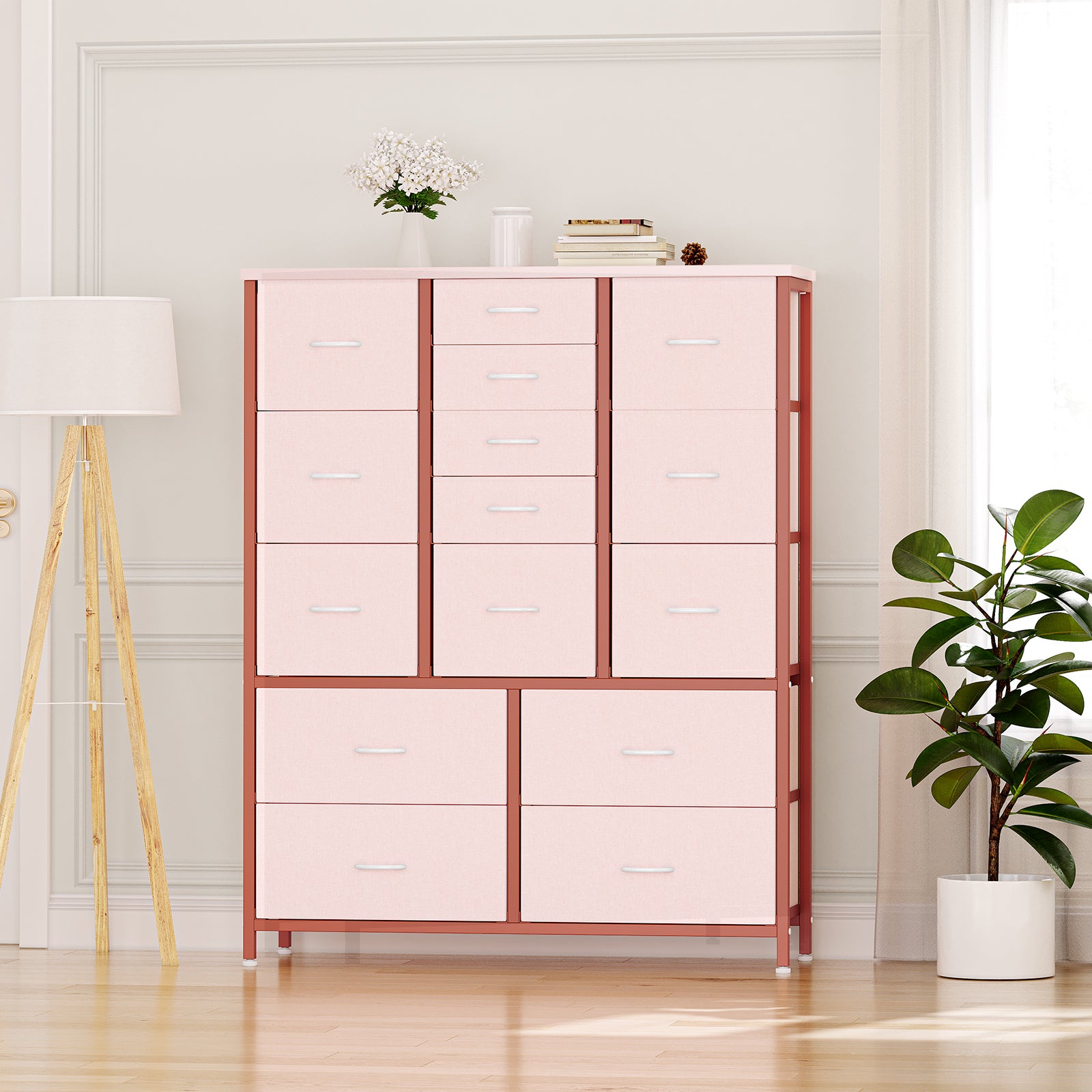Garvee 15 Drawer Dresser for Bedroom, Tall Storage Organizer with Fabric, Metal Frame, Wood Top, Side Pockets & Hooks, Easy Assembly(Pink)
