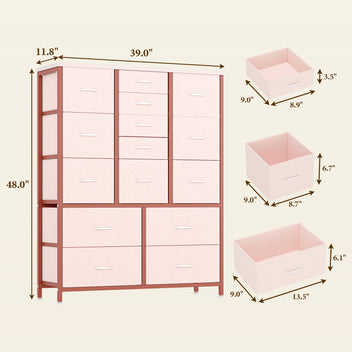 Garvee 15 Drawer Dresser for Bedroom, Tall Storage Organizer with Fabric, Metal Frame, Wood Top, Side Pockets & Hooks, Easy Assembly(Pink)