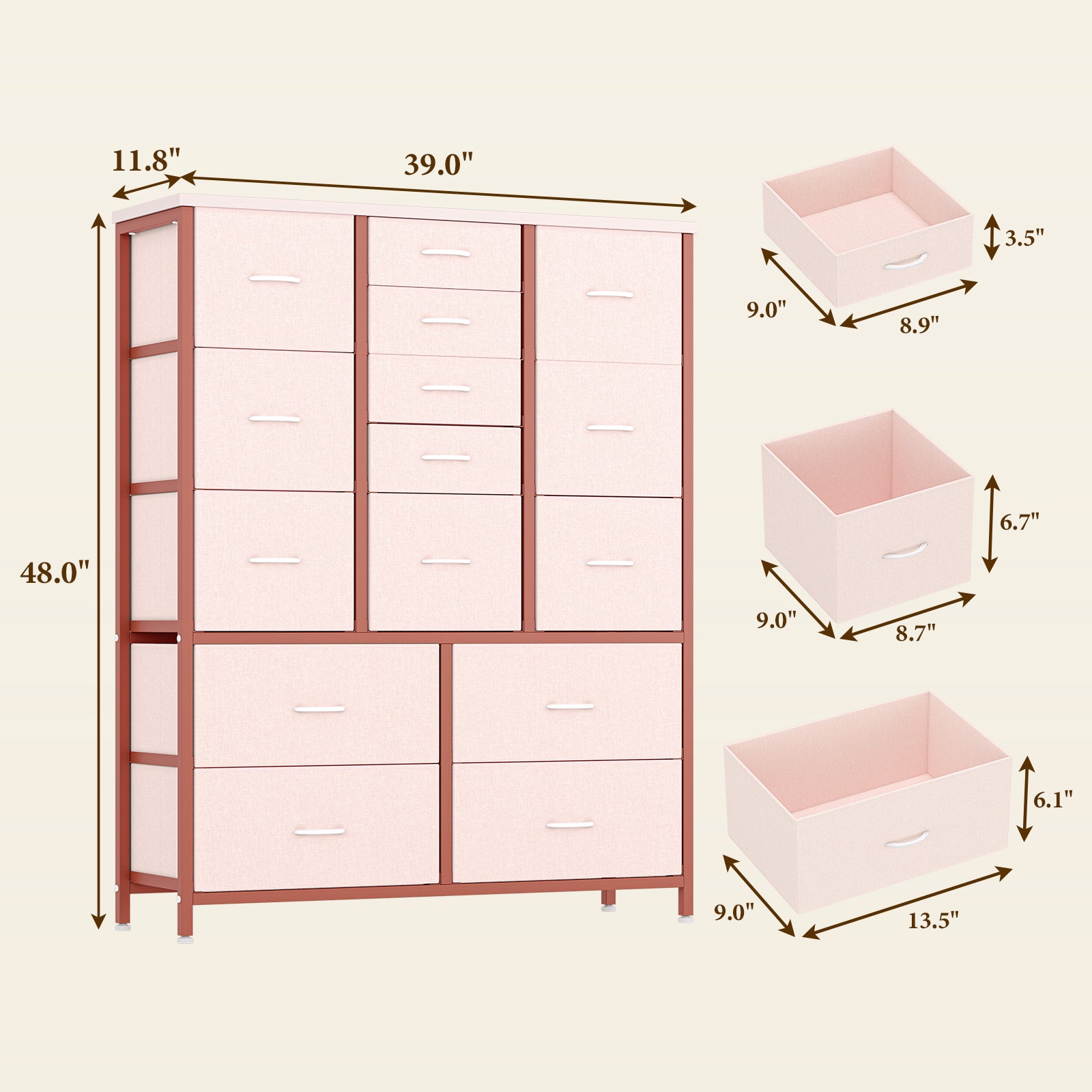 Garvee 15 Drawer Dresser for Bedroom, Tall Storage Organizer with Fabric, Metal Frame, Wood Top, Side Pockets & Hooks, Easy Assembly(Pink)