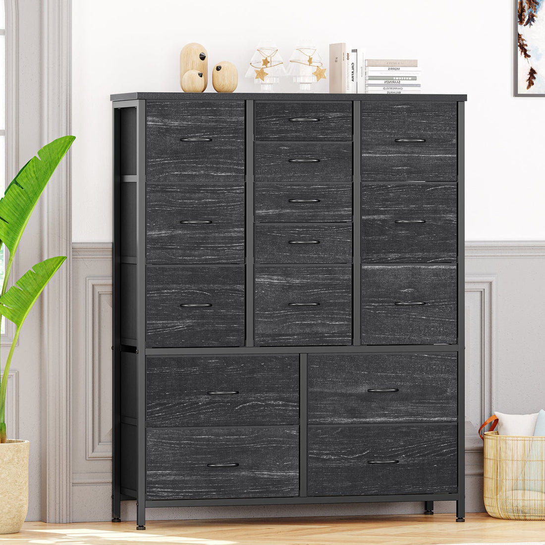 Garvee 15 Drawer Dresser for Bedroom - Tall & Versatile Storage Organizer with Fabric, Metal Frame, Wood Top - Side Pockets, Hooks, Easy Assembly - Charcoal Black