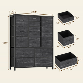 Garvee 15 Drawer Dresser for Bedroom - Tall & Versatile Storage Organizer with Fabric, Metal Frame, Wood Top - Side Pockets, Hooks, Easy Assembly - Charcoal Black