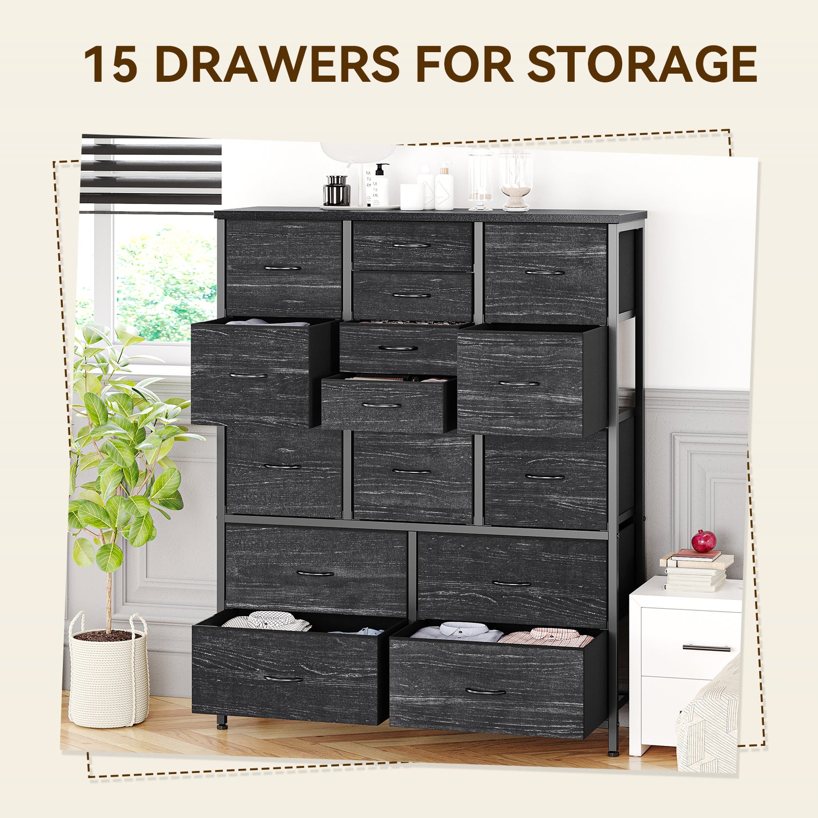 Garvee 15 Drawer Dresser for Bedroom - Tall & Versatile Storage Organizer with Fabric, Metal Frame, Wood Top - Side Pockets, Hooks, Easy Assembly - Charcoal Black