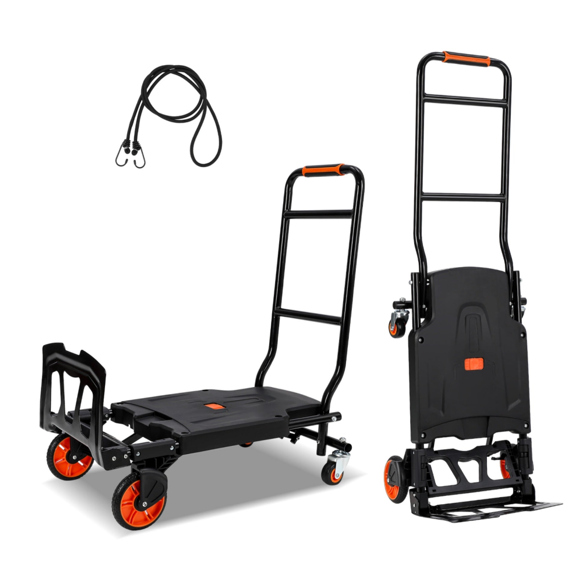Garvee Folding Hand Truck, 330 Lbs Capacity Heavy Duty Dolly Cart, 2 in 1 Convertible Hand Cart with 4 Wheels and 2 Elastic Ropes, Collapsible Platform Cart for Moving, Luggage, Travel, Shopping, Warehouse