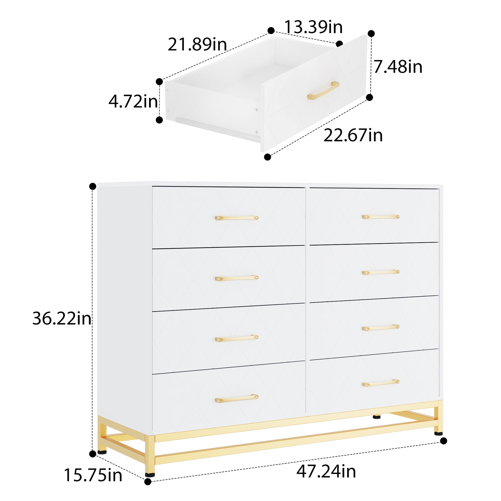 Garvee 8 Drawer Dresser, TV Stand Dressers Chest with Metal Handles, Wood Storage Dresser for Bedroom, Living Room, and Entryway, White