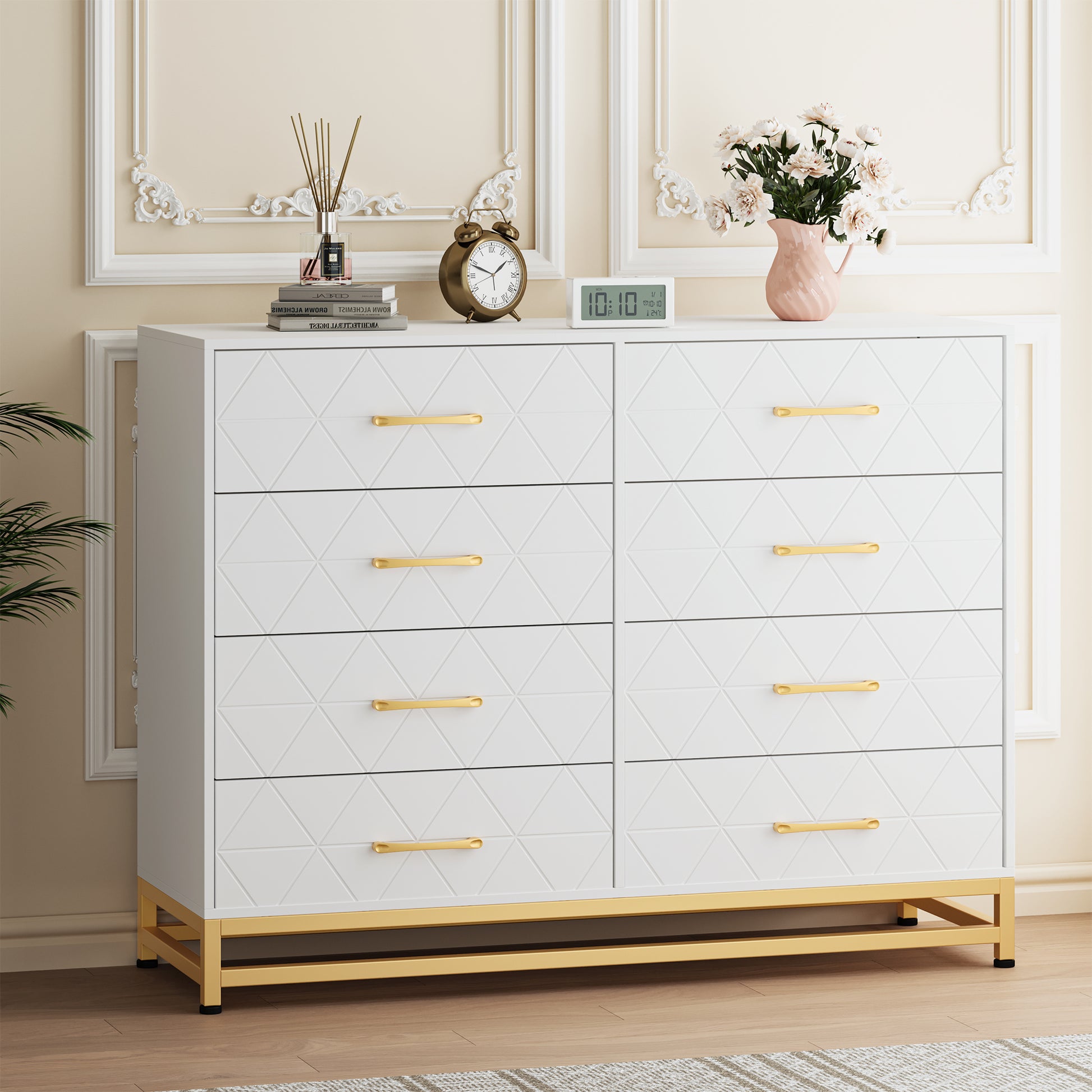Garvee 8 Drawer Dresser, TV Stand Dressers Chest with Metal Handles, Wood Storage Dresser for Bedroom, Living Room, and Entryway, White