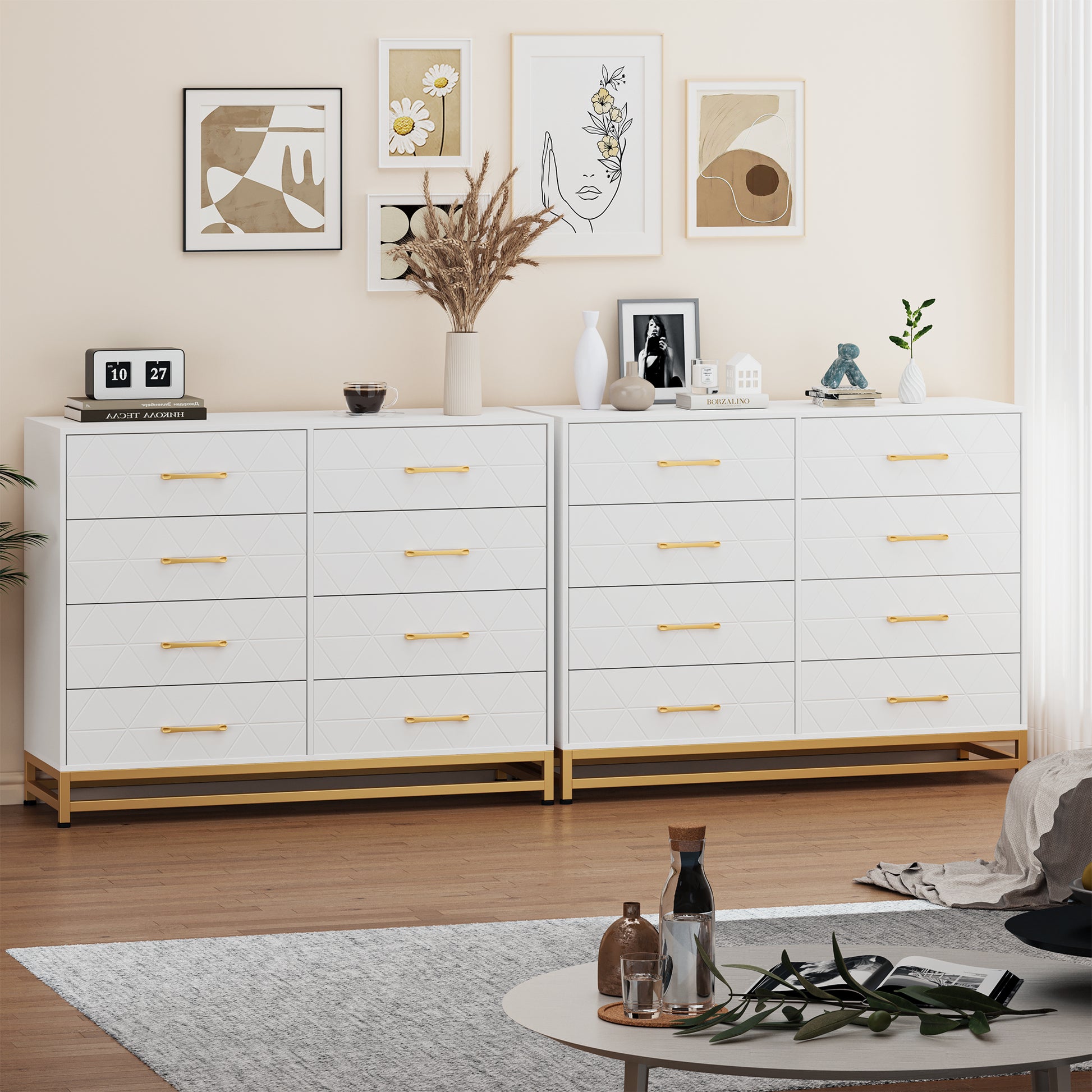 Garvee 8 Drawer Dresser, TV Stand Dressers Chest with Metal Handles, Wood Storage Dresser for Bedroom, Living Room, and Entryway, White