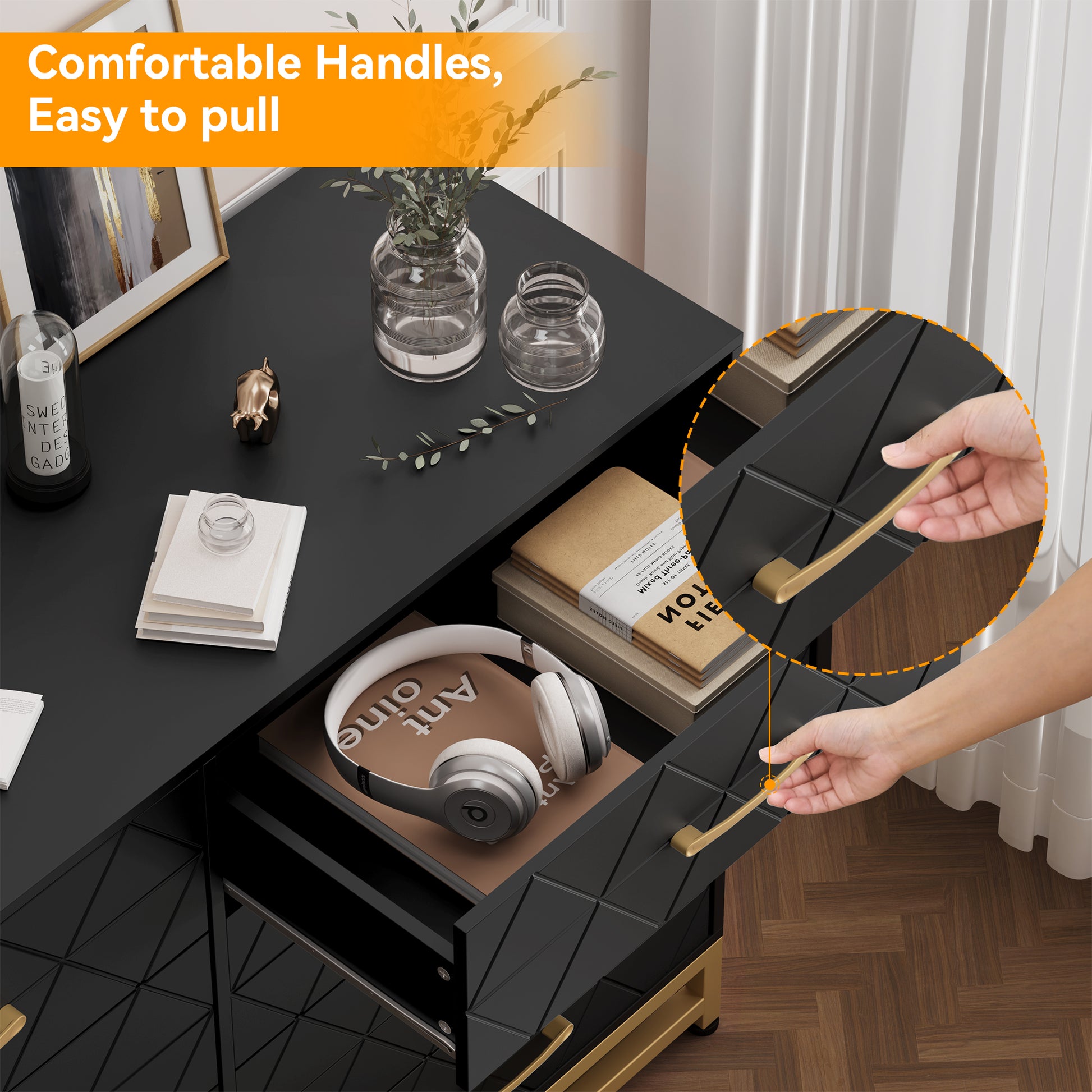 Garvee 8 Drawer Dresser, TV Stand Dressers Chest with Metal Handles, Wood Storage Dresser for Bedroom, Living Room, and Entryway, Black