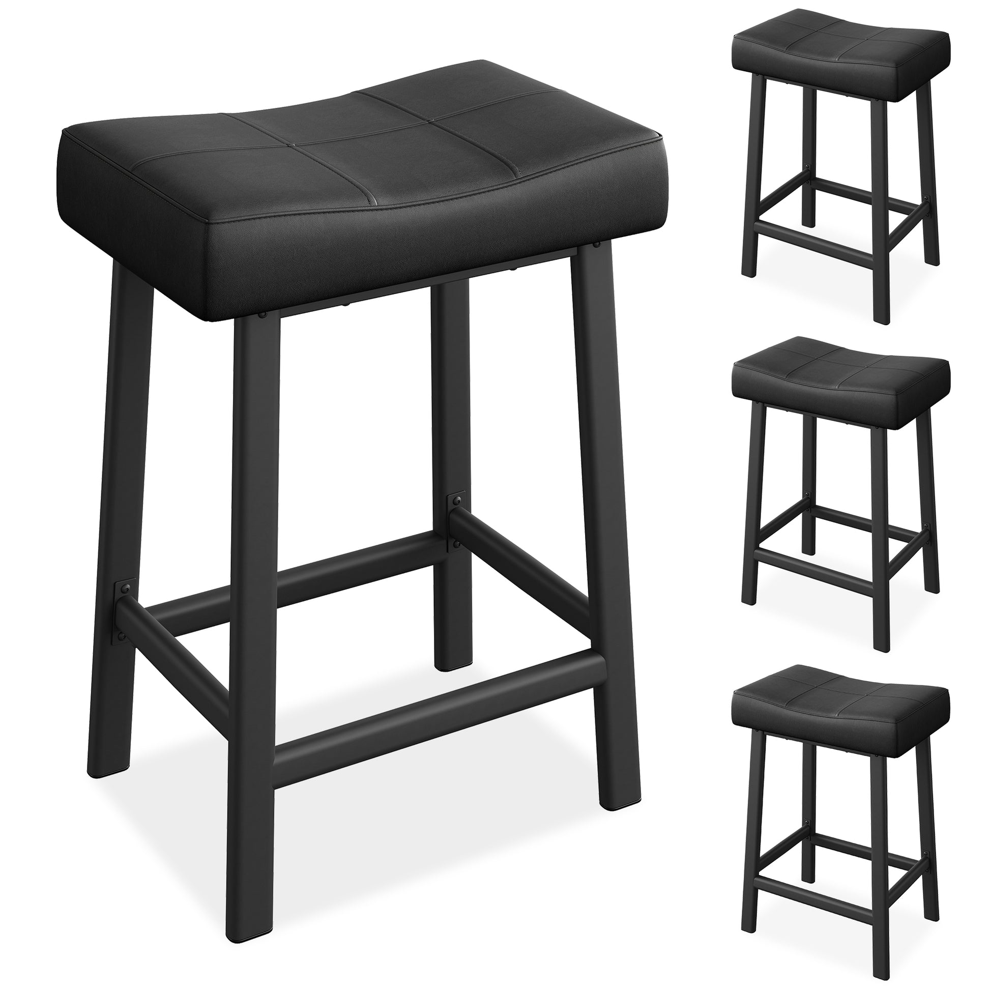 Garvee 24 Inch Backless Saddle Barstools Set of 4, Counter Height Upholstered Padded Barstools with Curved Surface, Metal Leg and Footrest, for Kitchen Counter, Home Bar (Black)