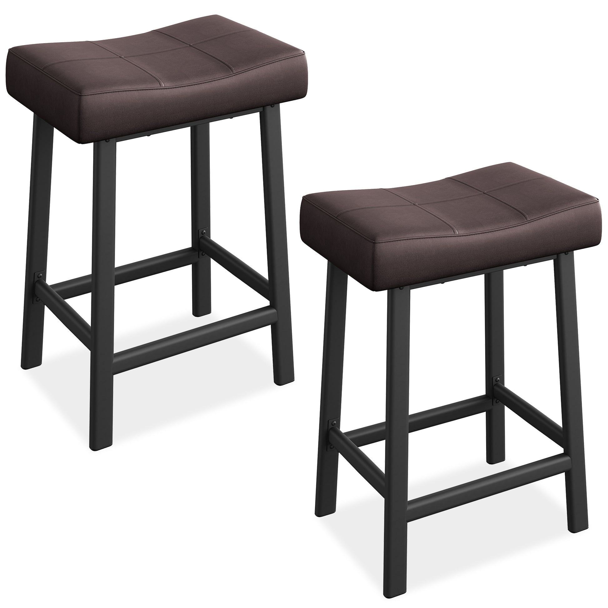 Garvee 24 Inch Backless Saddle Barstools Set of 2, Counter Height Upholstered Padded Barstools with Curved Surface, Metal Leg and Footrest, for Kitchen Counter, Home Bar, Brown