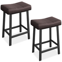Garvee 24 Inch Backless Saddle Barstools Set of 2, Counter Height Upholstered Padded Barstools with Curved Surface, Metal Leg and Footrest, for Kitchen Counter, Home Bar, Brown