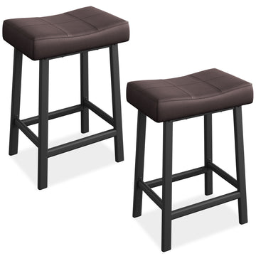 Garvee 24 Inch Backless Saddle Barstools Set of 2, Counter Height Upholstered Padded Barstools with Curved Surface, Metal Leg and Footrest, for Kitchen Counter, Home Bar, Brown