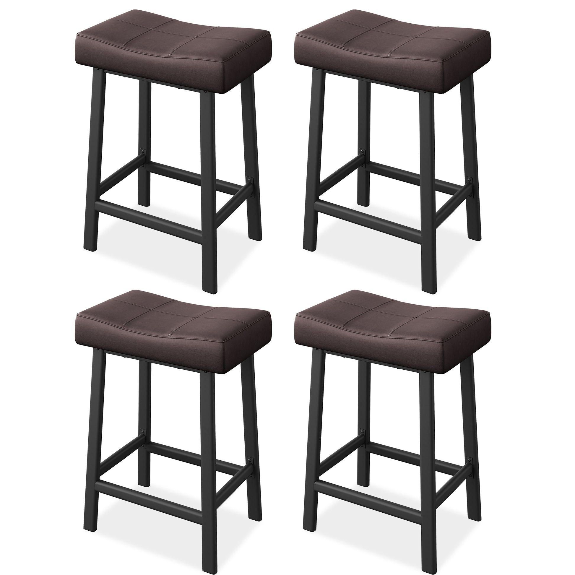 Garvee 24 Inch Backless Saddle Barstools Set of 4, Counter Height Upholstered Padded Barstools with Curved Surface, Metal Leg and Footrest, for Kitchen Counter, Home Bar, Brown