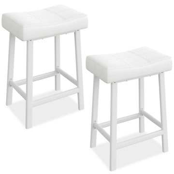 Garvee 24 Inch Backless Saddle Barstools Set of 2, Counter Height Upholstered Padded Barstools with Curved Surface, Metal Leg and Footrest, for Kitchen Counter, Home Bar, White