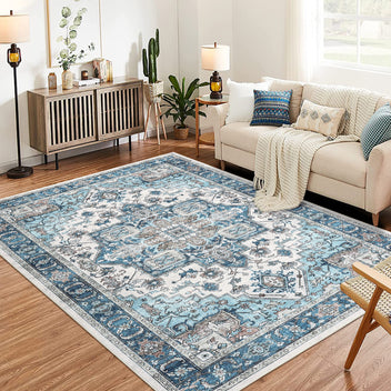 Garvee Area Rug for Living Room, 9x12 Machine Washable Vintage Rug Carpet for Bedroom Dinning Room, Distressed Area Rug Indoor Non Slip No Pile, Blue Green