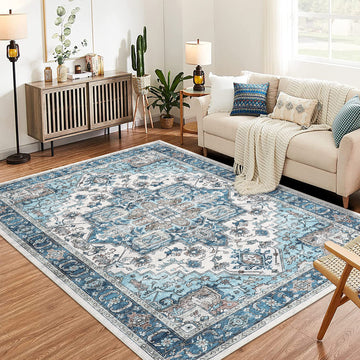 Garvee Area Rug for Living Room, 8x10 Machine Washable Vintage Rug Carpet for Bedroom Dinning Room, Distressed Area Rug Indoor Non Slip No Pile, Blue Green